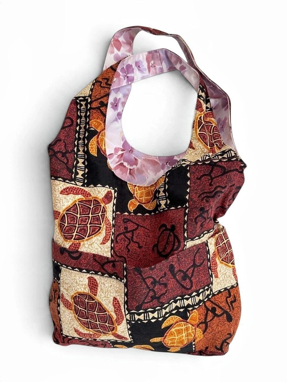 Reversible Fabric Brown Honu Turtle Purple Floral Shoulder Travel Sewing Bag
